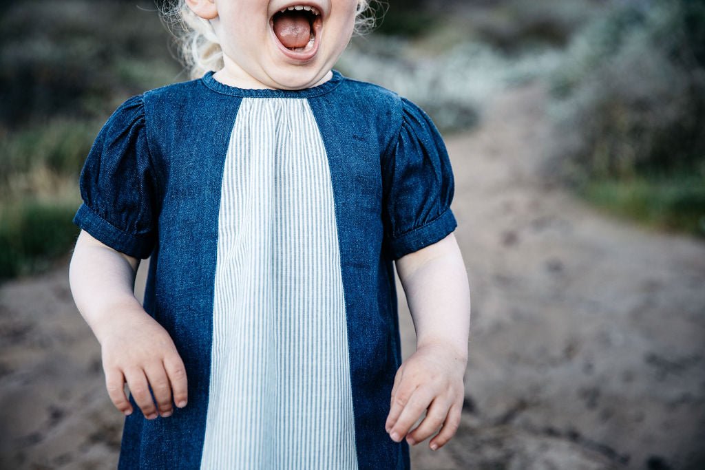 Organic Denim Striped Dress, Blue 18m